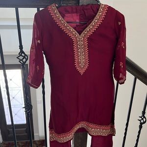 beautiful patiala suit in maroon with pink dupatta